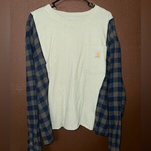 Handmade Carhartt Women’s Cream Shirt with Blue Plaid Sleeves